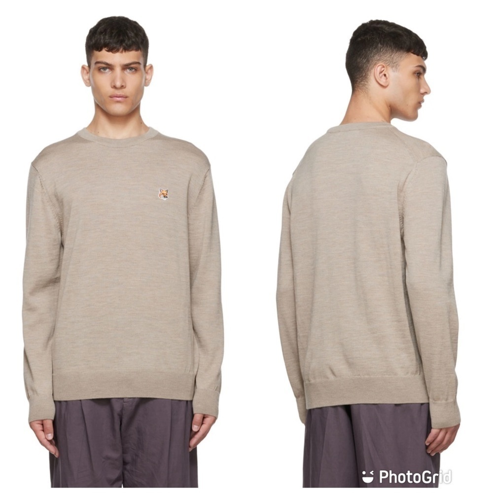 Maison Kitsuné fox patch crew neck jumper in BEIGE MELANGE NWT!